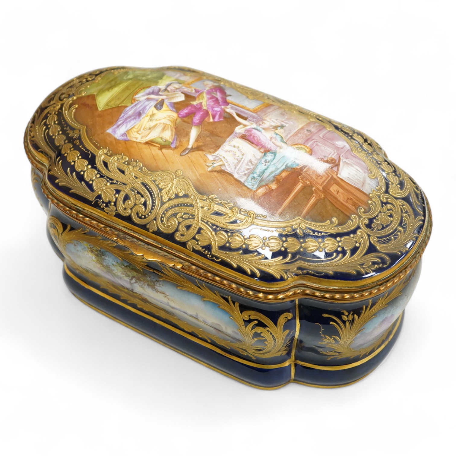 A Sevres style porcelain and ormolu mounted box, 23cm wide